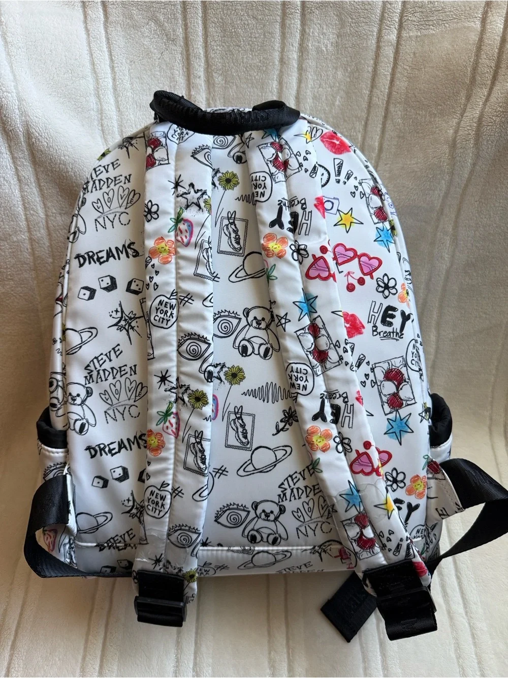 Steve Madden White Graphic Backpack with Panda Charm & Notebook